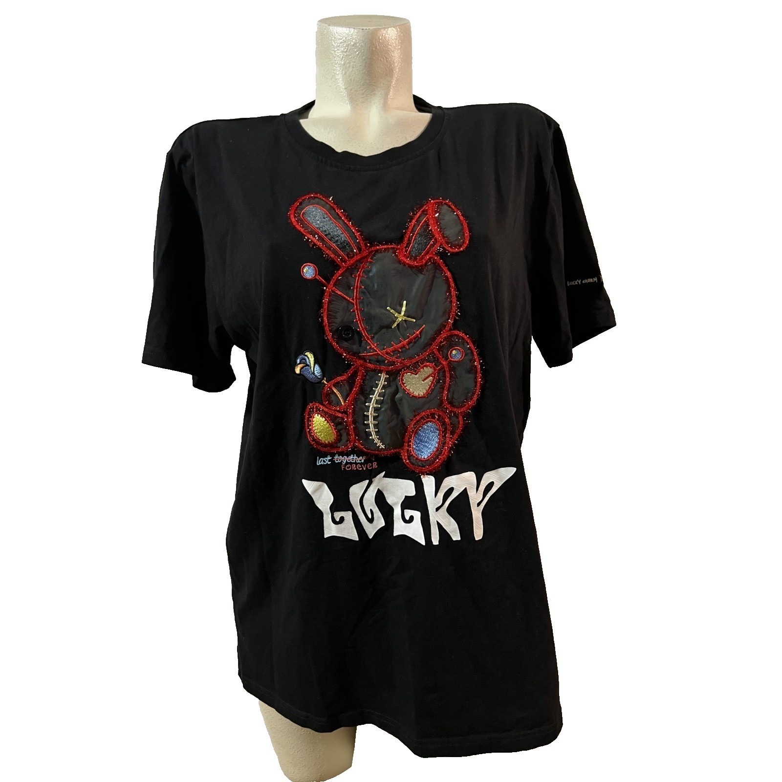 Lucky Charm Mens Black Iridescent Voodoo Bunny Graphic T-Shirt Large Lucky Logo